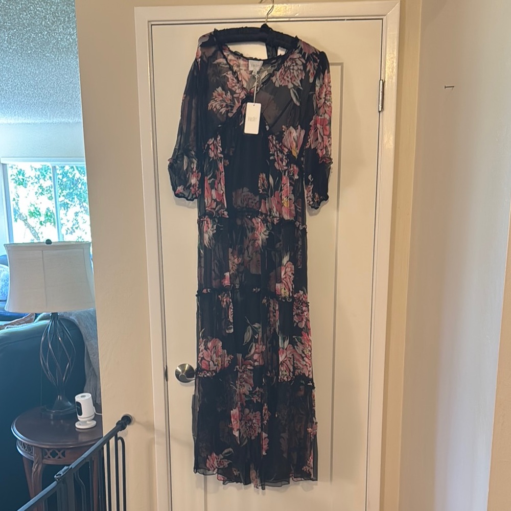 Jade Pink and Orange Ruched Maxi Dress with Bishop Sleeves